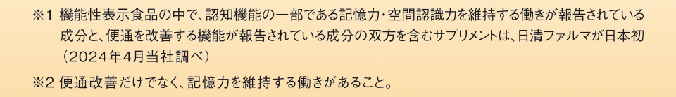 ※1 機能性表示食品の中で、認知機能の一部である記憶力・空間認識力を維持する働きが報告されている成分と、便通を改善する機能が報告されている成分の双方を含むサプリメントは、日清ファルマが日本初（2024年4月当社調べ）※2 便通改善だけでなく、記憶力を維持する働きがあること。