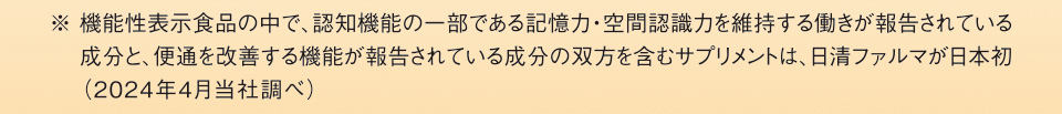 ※ 機能性表示食品の中で、認知機能の一部である記憶力・空間認識力を維持する働きが報告されている成分と、便通を改善する機能が報告されている成分の双方を含むサプリメントは、日清ファルマが日本初（2024年4月当社調べ）