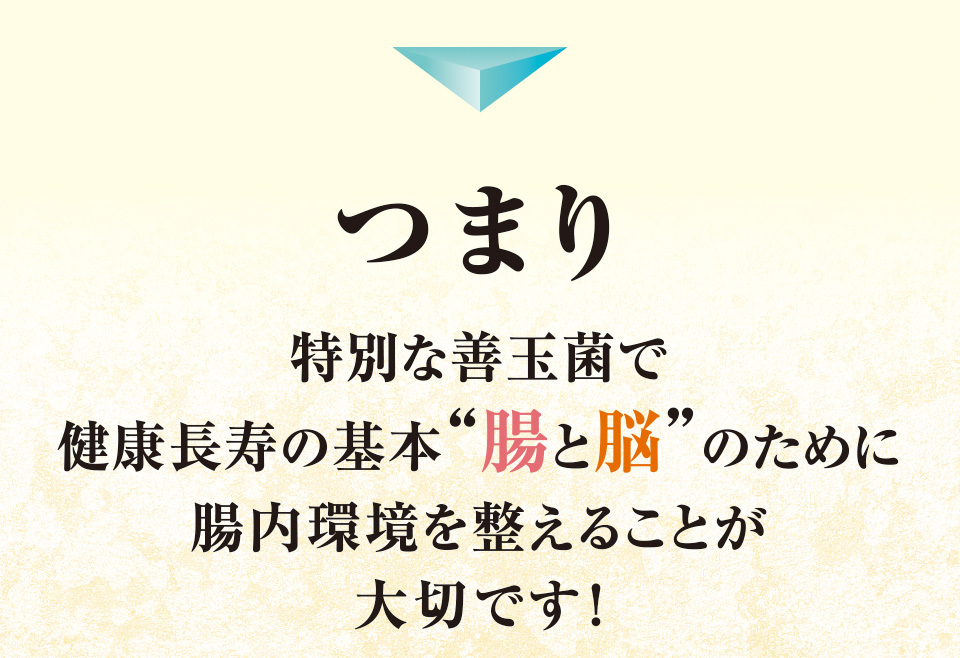 つまり特別な善玉菌で健康長寿の基本”腸と脳”のために腸内環境を整えることが大切です！