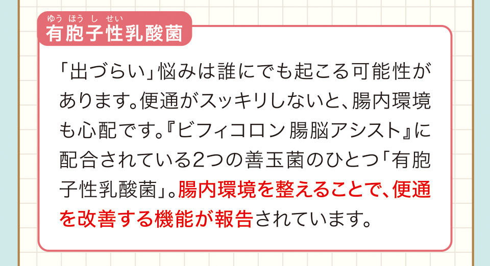 有胞子性（ゆうほうしせい）乳酸菌　「出づらい」悩みは誰にでも起こる可能性があります。便通がスッキリしないと、腸内環境も心配です。『ビフィコロン腸脳アシスト』に配合されている2つの善玉菌のひとつ「有胞子性乳酸菌」。腸内環境を整えることで、便通を改善する機能が報告されています。