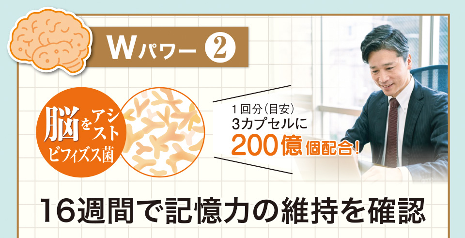 Wパワー2　脳をアシストビフィズス菌　1回分（目安）3カプセルに200億個配合！　16週間で記憶力の維持を確認