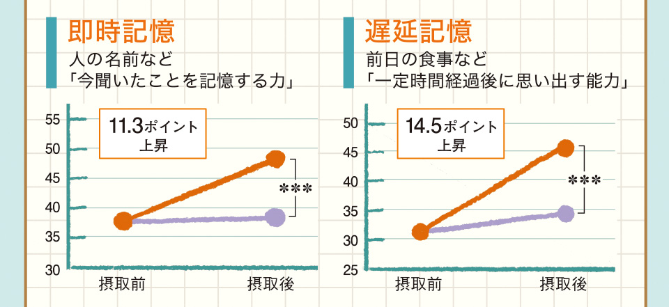 即時記憶　人の名前など「今聞いたことを記憶する力」　11.3ポイント上昇　遅延記憶　前日の食事など「一定時間経過後に思い出す能力」　14.5ポイント上昇