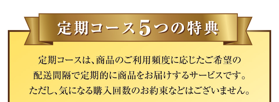 定期コース5つの特典　定期コースは、商品のご利用頻度に応じたご希望の配送間隔で定期的に商品をお届けするサービスです。ただし、気になる購入回数のお約束などはございません。