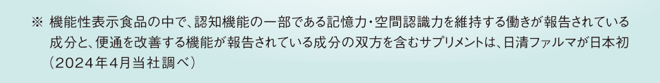 ※機能性表示食品の中で、認知機能の一部である記憶力・空間認識力を維持する働きが報告されている成分と、便通を改善する機能が報告されている成分の双方を含むサプリメントは、日清ファルマが日本初（2024年4月当社調べ）