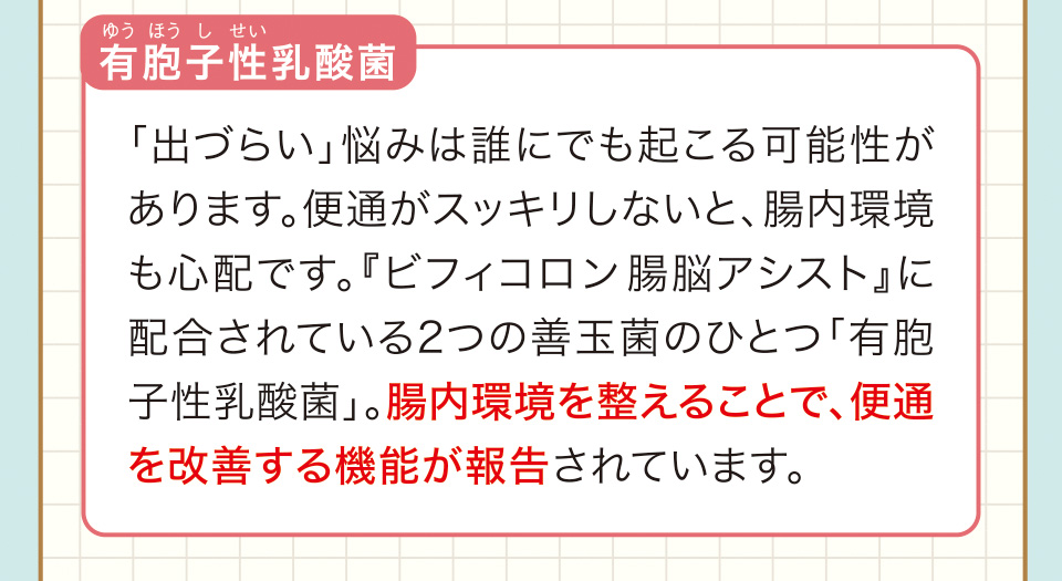 有胞子性（ゆうほうしせい）乳酸菌　「出づらい」悩みは誰にでも起こる可能性があります。便通がスッキリしないと、腸内環境も心配です。『ビフィコロン腸脳アシスト』に配合されている2つの善玉菌のひとつ「有胞子性乳酸菌」。腸内環境を整えることで、便通を改善する機能が報告されています。